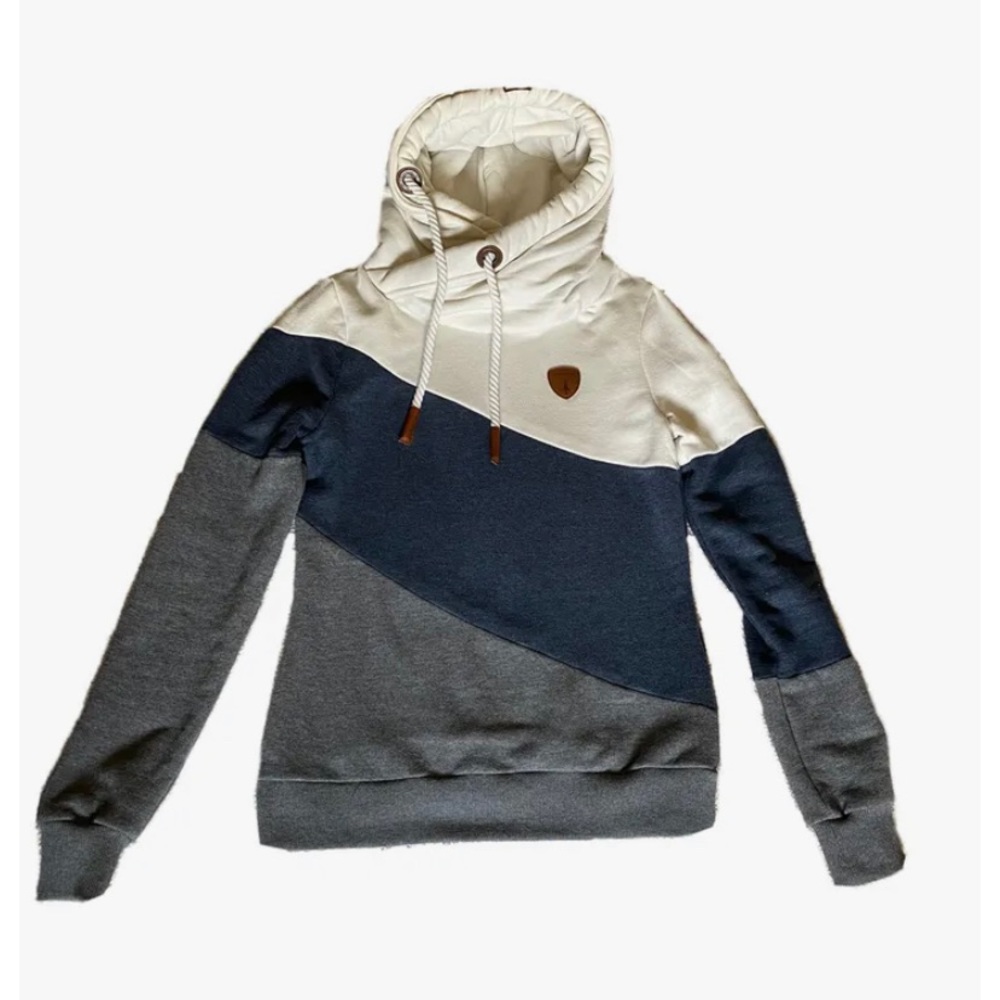 Wanakome Women's Cowl Neck Small Sweatshirt Gray Navy White Colorblock